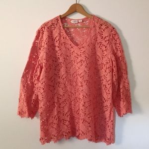 100% cotton coral crocheted lace sweater